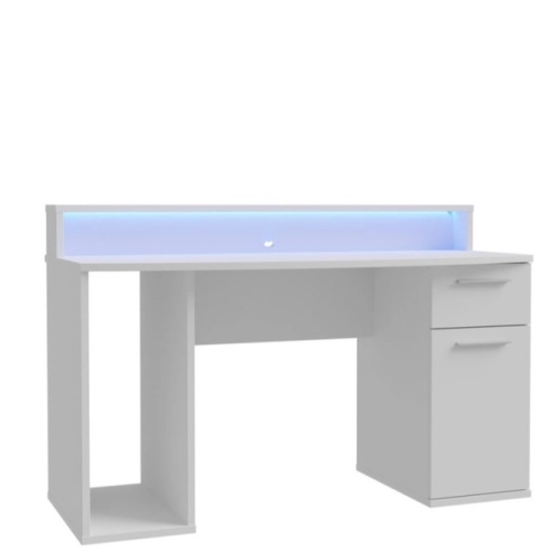 Białe biurko 140x65 cm z oświetleniem RGB i nadstawką na monitor